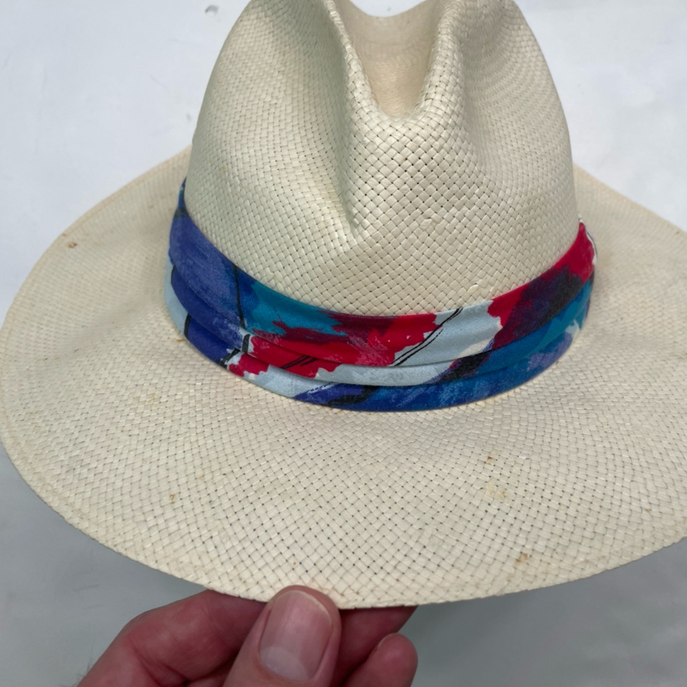Vintage 80s Designer Collection Panama Hat Colored Band Size Lg Made in USA